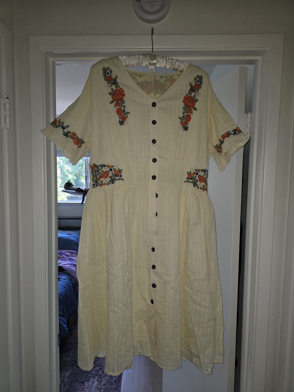 Embroidered Yellow Button-Front Midi Dress